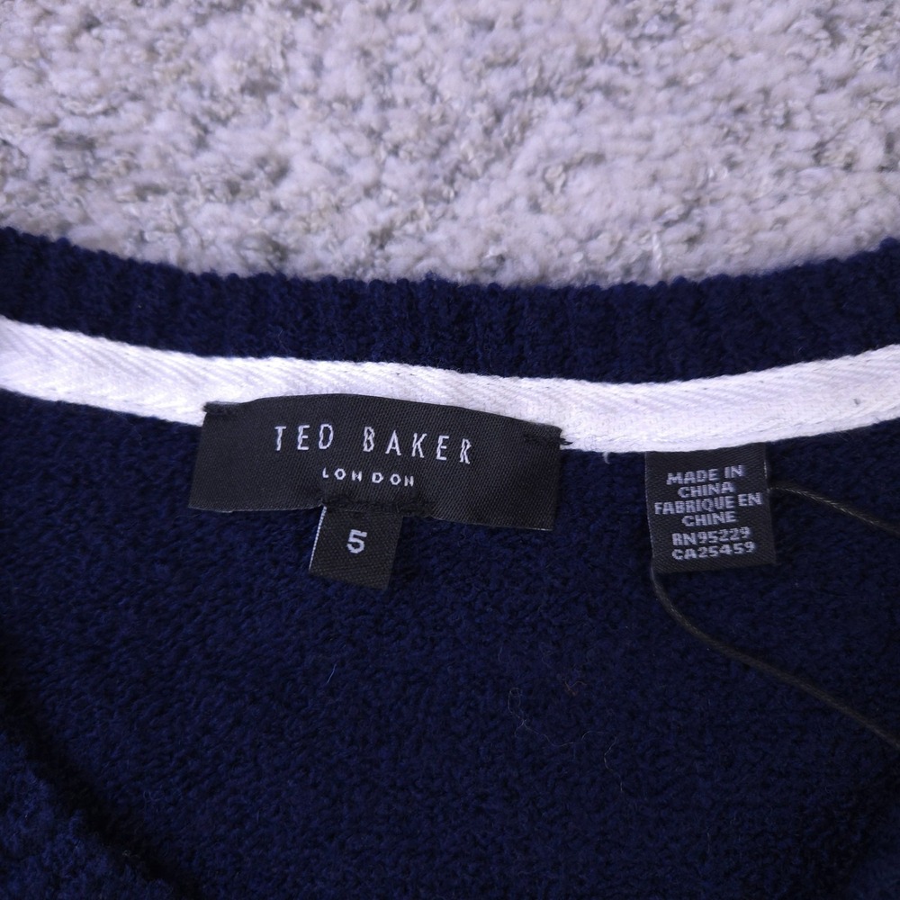 Ted Baker Sweater Mens Size 5 Pullover Signature Logo Crew Neck Blue Wool Blend - Picture 6 of 10